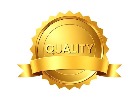 A radiant golden seal or badge with a prominent ribbon proudly displays the word QUALITY