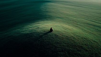A lone person sits on a vast, green field, conveying solitude and reflection in a serene outdoor setting.