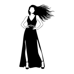 Woman in black dress with long hair standing in a white background art
