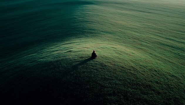 A lone person sits on a vast, green field, conveying solitude and reflection in a serene outdoor setting.