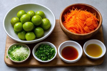 Overhead shot of tomatillos carrots herbs and sauces on a wooden board