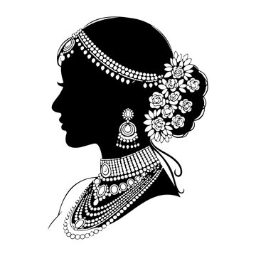 Silhouette of woman with jewelry and flowers in her hair in black and white