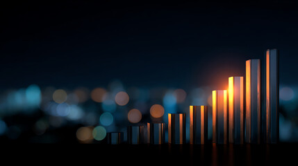 A glowing ascending bar graph with metallic bars against a blurred cityscape at night, symbolizing growth, progress, and success in a modern urban environment