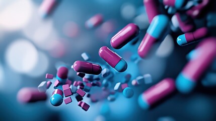 Colorful capsules and geometric shapes float against a soft-focus blue background, creating a vibrant composition.