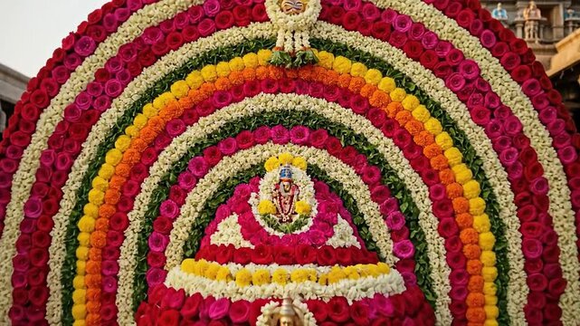 Colorful Kavadi Aatam Decorations for Murugan Thaipusam Festival Celebration with Floral Arch and Religious Symbols