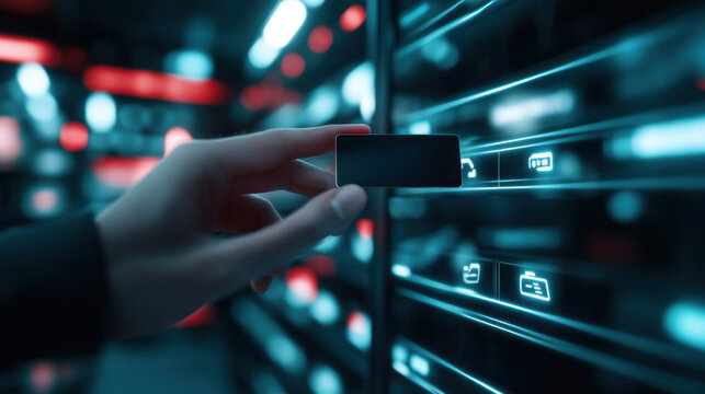 A hand reaches for a blank card in front of a glowing digital interface on a dark, futuristic backdrop.