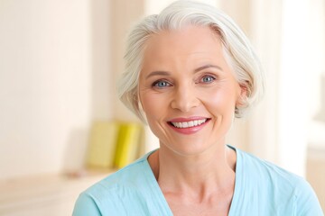 Smiling Mature Woman with Short Silver Hair and Blue Eyes