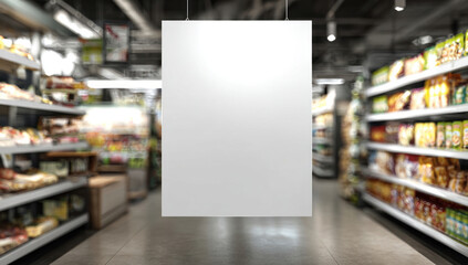 Fototapeta premium A blank white poster hangs in a supermarket aisle, providing a space for advertising or promotional messages amidst the blurred shelves stocked with groceries and consumer goods.