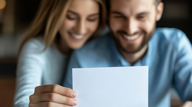 A smiling couple happily holds a blank piece of paper together. - Powered by Adobe