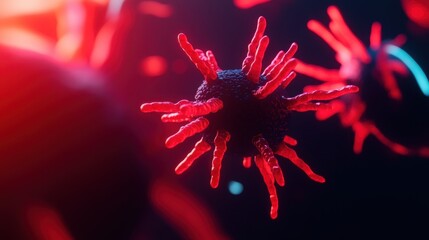 A close-up of a spherical virus with elongated spiky structures in vibrant red and black.