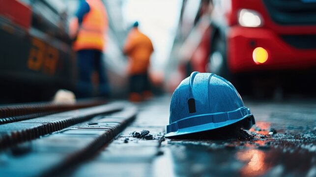 A blue hard hat sits on a wet surface near construction equipment, with blurred figures in safety vests working in the background, evoking an active worksite.