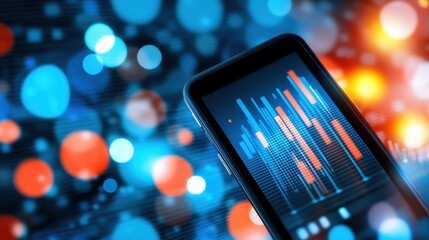 A smartphone showcases vibrant data visualizations against a softly blurred backdrop of glowing, colorful lights, evoking a tech and analytics theme.