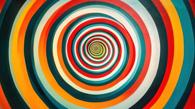 A vibrant, colorful abstract painting with concentric circles in red, blue, green, and orange hues, creating a mesmerizing optical illusion.