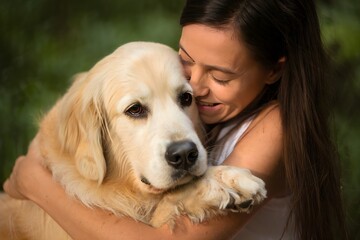 Young Woman Embracing Golden Retriever in Warm Embrace