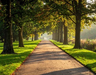 Obraz premium Sunlit Path Through Trees - A Serene Landscape.