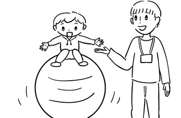 運動療育で体幹トレーニングをする子ども／モノクロ