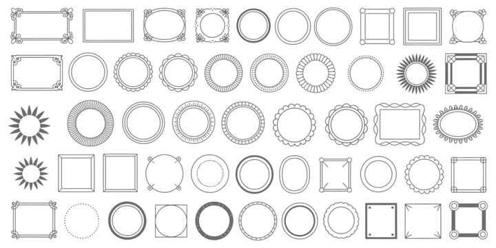 diverse collection of classic and ornate decorative frames and borders, vector illustration bundle of isolated oval, round, and square outlines, perfect for invitations, stationery, branding, 