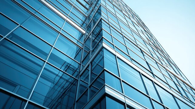 A modern glass skyscraper with blue glass windows and a clear blue sky in the background. - Powered by Adobe