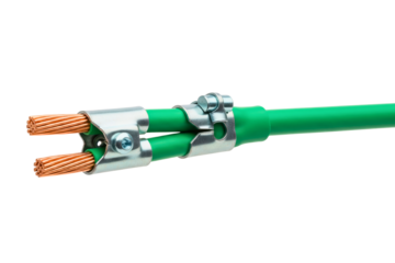 Two green electrical cables with copper wire strands and metal clamp isolated with transparent background