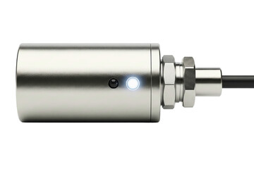 Silver metal industrial sensor with cable and mounting nuts attached isolated with transparent background