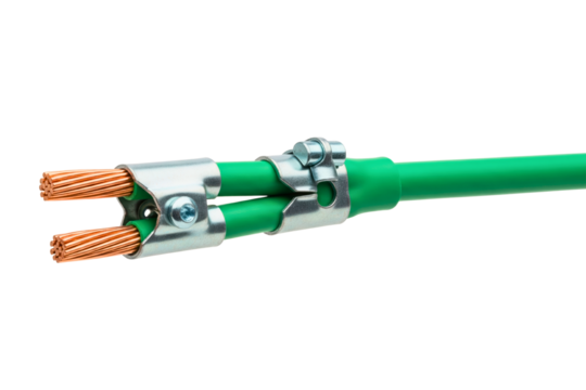 Two green electrical cables with copper wire strands and metal clamp isolated with transparent background