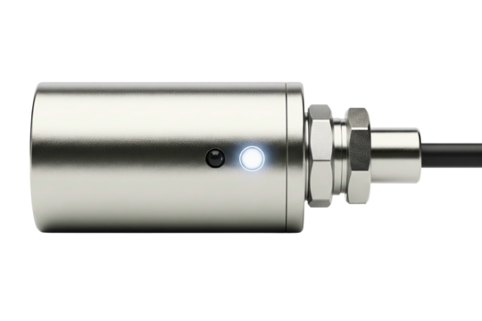 Silver metal industrial sensor with cable and mounting nuts attached isolated with transparent background