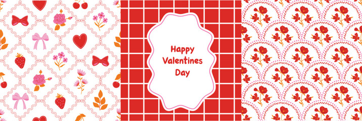 Valentine Floral Motif seamless pattern set with Hearts, Ribbons, Strawberry, Checks in pink and red tones. Perfect for Fabric, Valentine cards, packaging, stationery, scrapbooking, and gift design.
