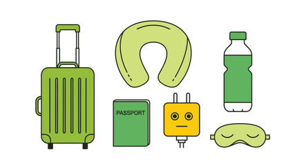Travel essentials suitcase passport pillow charger water mask trip