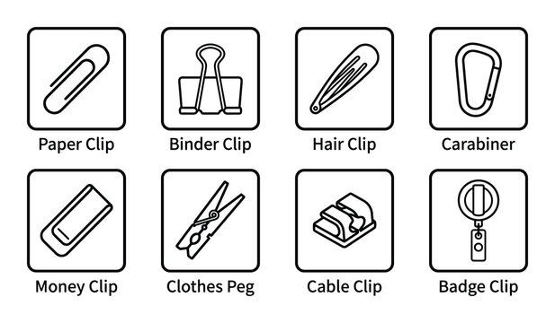 Collection of clip icons paper, binder, hair, carabiner, money, clothes peg, cable, badge clip in squares