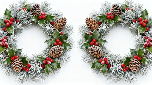 Two festive Christmas wreaths adorned with pinecones, holly leaves, red berries, and snow-dusted evergreen branches