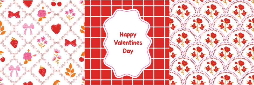 Valentine Floral Motif seamless pattern set with Hearts, Ribbons, Strawberry, Checks in pink and red tones. Perfect for Fabric, Valentine cards, packaging, stationery, scrapbooking, and gift design.