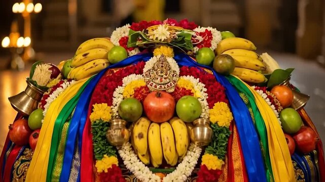 Decorative Kavadi Aatam with Murugan Iconography, Fruits, Flowers, and Traditional Ribbons for Thaipusam Festival