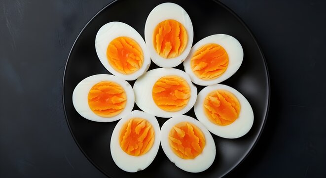 Perfectly sliced hardboiled eggs with vibrant orange yolks and white albumen, neatly arranged on a dark black plate, ready to eat