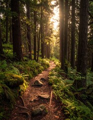 Obraz premium Sunlit Path Through Verdant Forest - A Tranquil Nature Scene.