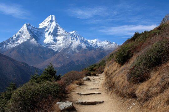 Scenic mountain trek with stone steps under a clear blue sky and snowy peaks