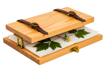 Wooden plant press tool with leather straps and dried flower specimen isolated with transparent background