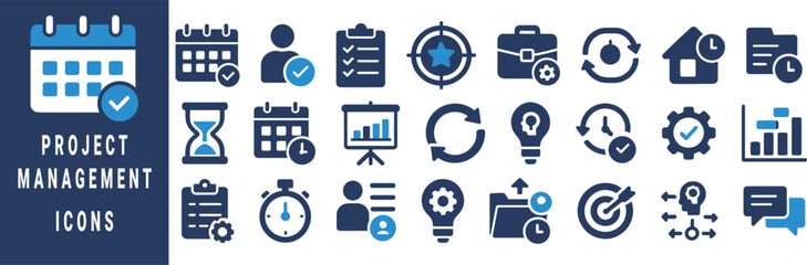 Collection of blue and white project management icons on dark blue background calendar checklist