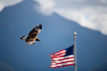 Bald Eagle Soaring Over American Flag with Mountain Backdrop