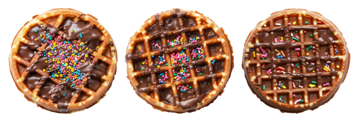 Delicious waffle drizzled with chocolate sauce and topped with colorful candy sprinkles, isolated on white background