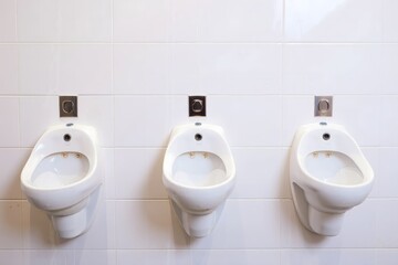 Trio of Modern Wall-Mounted Urinals in White Tile Bathroom