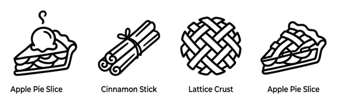 Dessert and spice outline icons. Apple pie slice with ice cream. Cinnamon stick. Lattice crust.