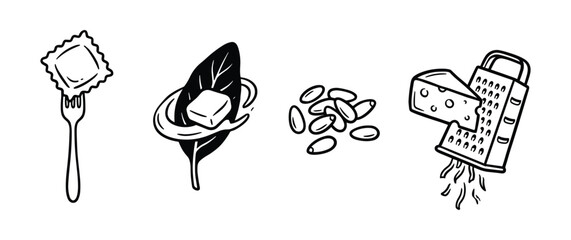 Doodle style icons. Ravioli on fork, sage butter, pine nuts, cheese grater. Hand drawn cooking ingredients.