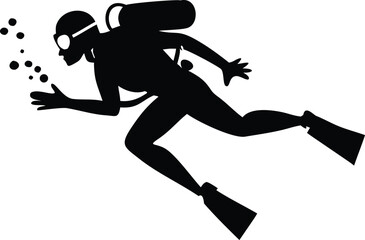 A silhouetted scuba diver swims forward bubbles trailing behind in the dark water