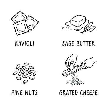 Doodle style icons for ravioli, sage butter, pine nuts, and grated cheese. Hand drawn cooking ingredients.