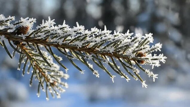 Close-up of a pine tree branch covered in frost and snowflakes.