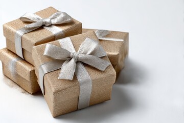 Obraz premium Stack of goldwrapped gifts adorned with silver bows set on a white surface