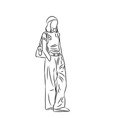 Line Art Illustration, Woman in Beret and Wide-Leg Pants
​
