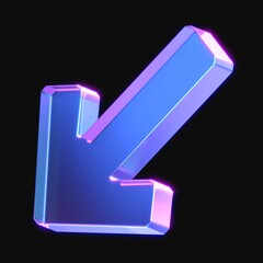 3d rendering of glowing down arrow in the dark. 3d icon with neon retro light. 3d illustration with glass gradient material	