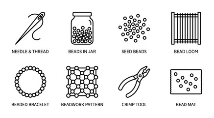 Essential beading supplies and patterns including needle thread, beads in jar, seed beads, bead loom, beaded bracelet, beadwork pattern, crimp tool, and bead mat.