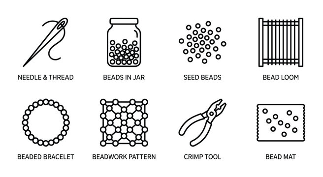 Essential beading supplies and patterns including needle thread, beads in jar, seed beads, bead loom, beaded bracelet, beadwork pattern, crimp tool, and bead mat.